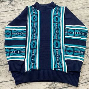 Clifton Place Vtg 70s 80s Biggie Coogi-like Ribbed‎ Southwest Aztec Sweater Mock